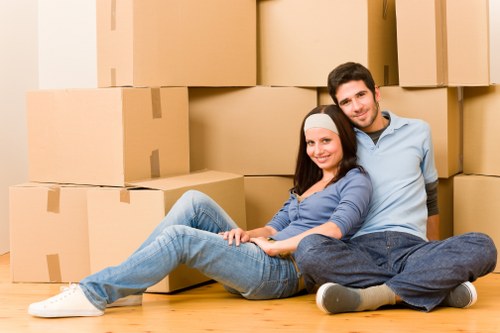 Commercial move setup with labelled boxes and office items in Paddington