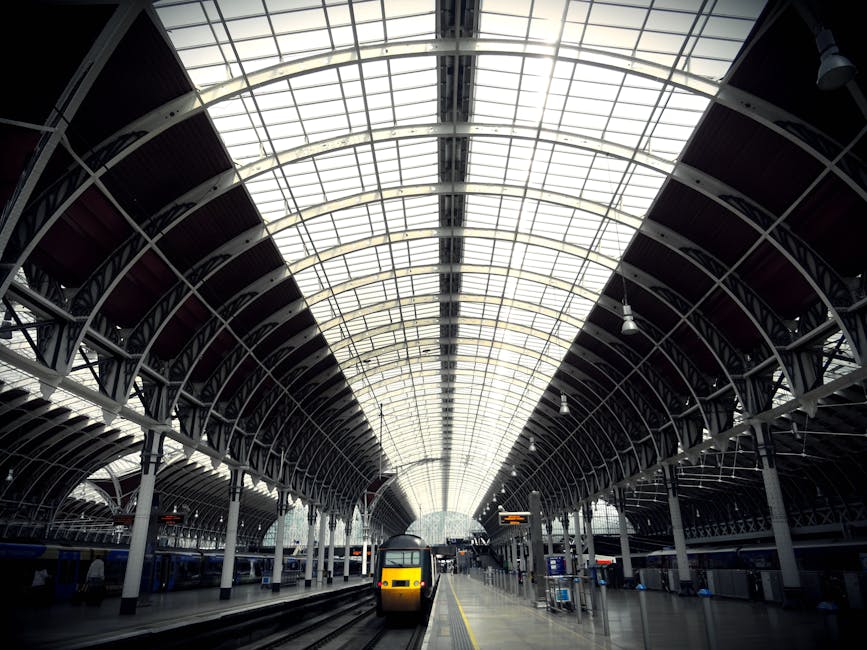 Inside a large train station with a high, arched glass and metal ceiling allowing natural light to illuminate the space. Platform areas on either side feature multiple trains, some partially visible, with the station's structural supports and overhead lighting fixtures visible along the length of the roof. In the foreground, a yellow and black train is positioned on the tracks, ready for departure or arrival. The scene captures the interior environment where home relocation and furniture transport processes are planned, with the station serving as a key route for moving companies like Removal Company Paddington, especially for customers near Praed Street and Paddington Station. The wide perspective emphasizes the scale of the station's architecture and the logistical flow involved in packing and loading furniture and belongings for transport, highlighting the importance of efficient moving routes in house removals.